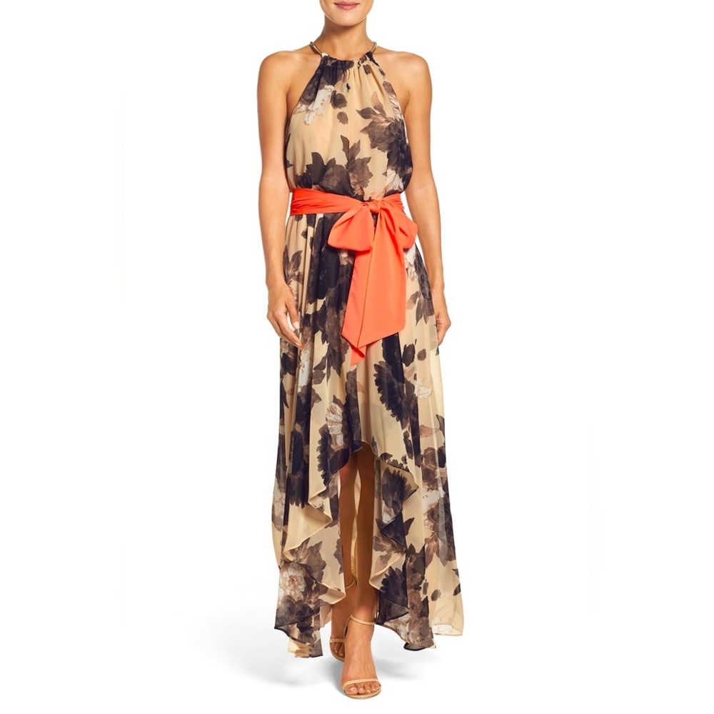 ELIZA J Halter Floral Print Chiffon High Low Dress Taupe 2